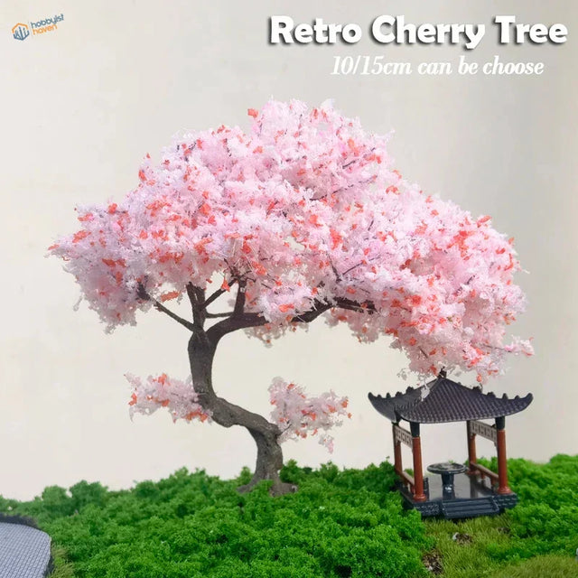 Miniature 10/15/20cm model cherry tree with pink blossoms and curved trunk