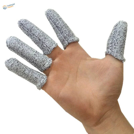Gray textured level-5 safety finger sheaths on fingertips, 10 pcs