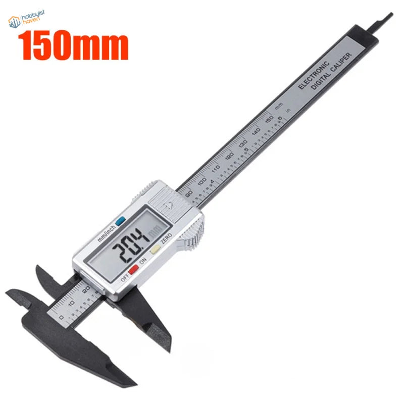 Silver and black 150mm digital caliper with clear LCD display, precision hobby tool