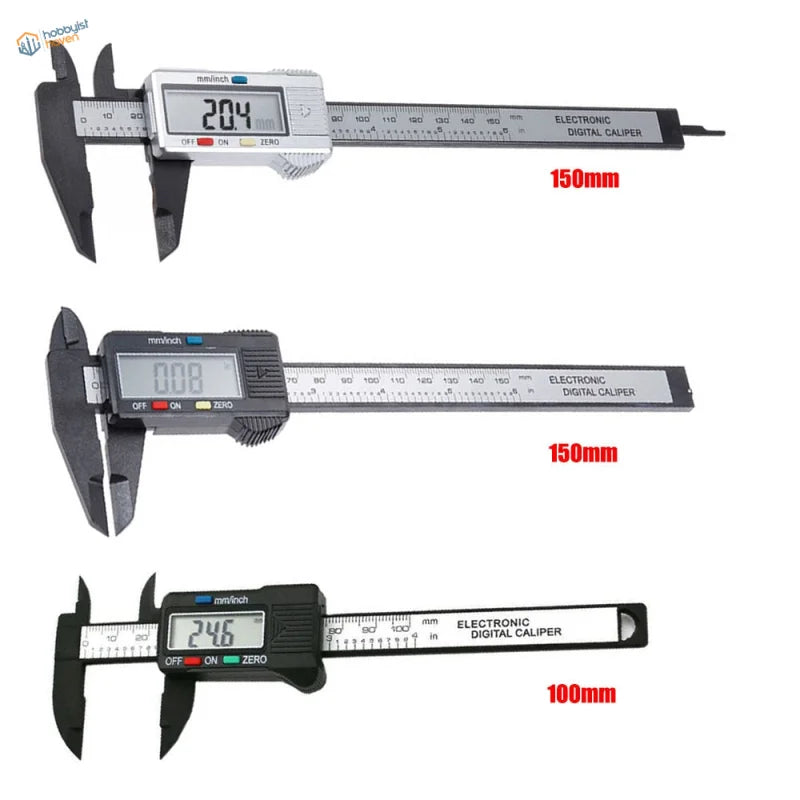 Three 150mm digital calipers with LCD mm displays, precision hobby tool