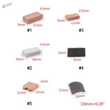 Five 1/16 1/35 scale miniature bricks erasers labeled with dimensions