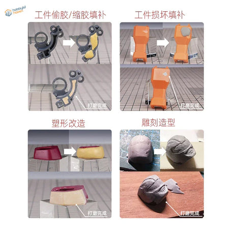 Orange plastic model part repaired with gray yellow epoxy putty patch