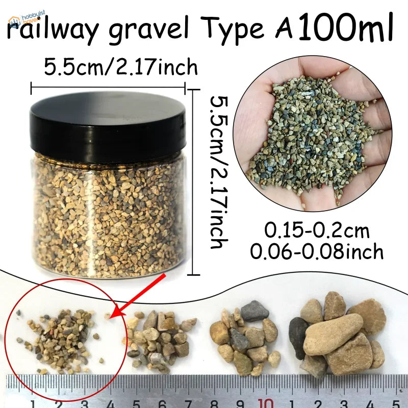 Clear 100ml jar of miniature rocks railway gravel type A, 4 rock sizes
