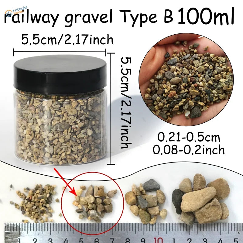 Clear plastic jar of 100ml miniature rocks, railway gravel type B, 4 rock sizes