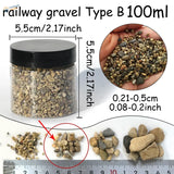 Clear plastic jar of 100ml miniature rocks, railway gravel type B, 4 rock sizes