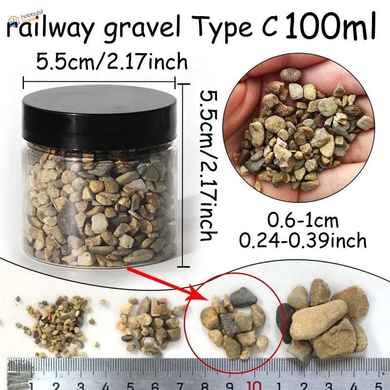 Clear 100ml jar of miniature rocks railway gravel type c, 4 rock sizes