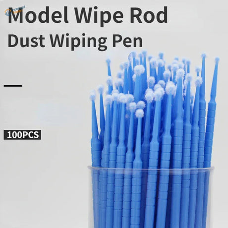 100pcs mini brushes with blue rods and white fuzzy tips in clear pack