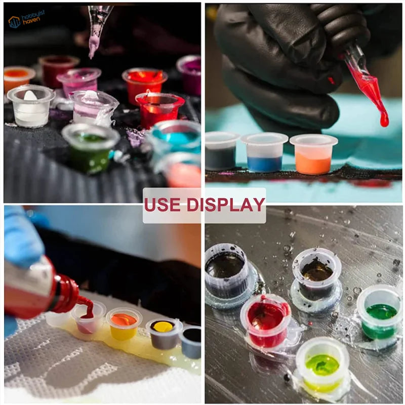 100pcs S/M/L disposable paint cups in vibrant tattoo ink colors