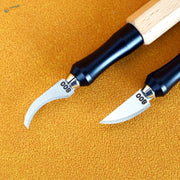 Two precision leather carving tools with black ergonomic handles and silver curved emery file blades from 100Shiki