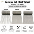 Three 100x50 cm 304 stainless steel mesh rolls: 20, 60 and 120 mesh sampler set