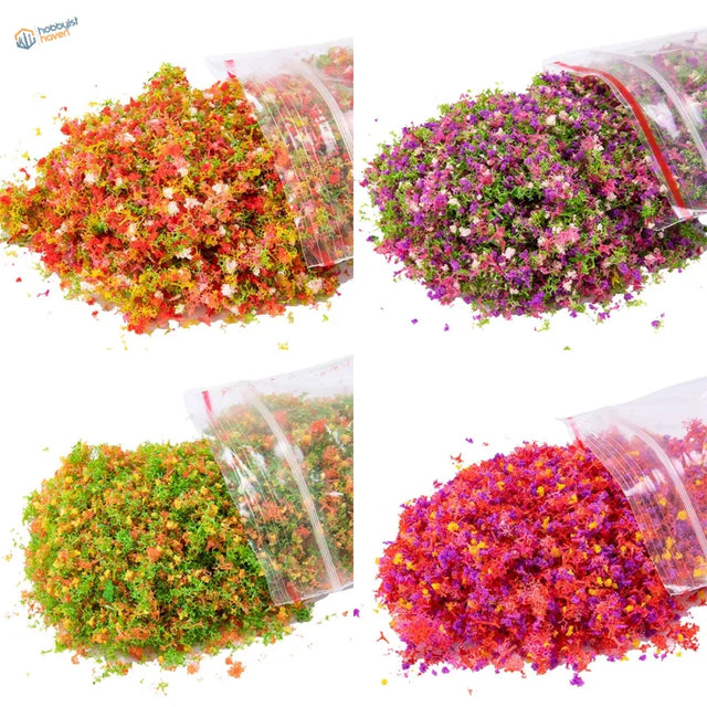 Four colorful craft flower confetti piles in 10g Tree Powder bags for scale modeling tools