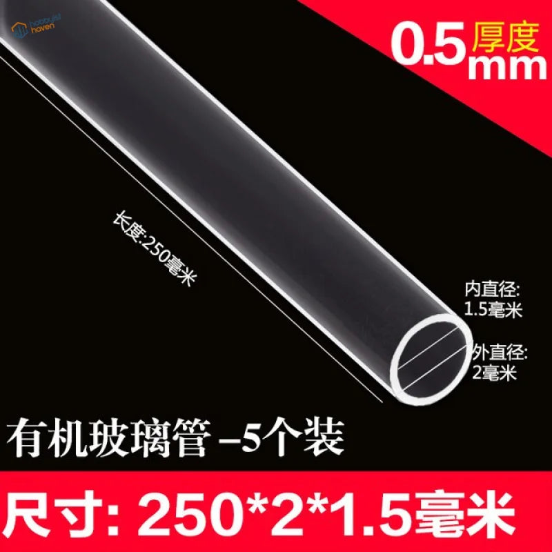 Clear 0.5mm thick transparent plexiglass tube 2mm OD 250mm long