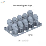 10pcs 3D-printed 1/35 assorted heads for scale modeling in gray plastic tray