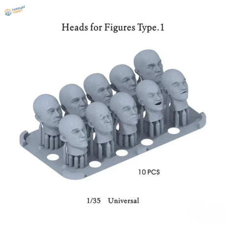 10pcs 3D-printed 1/35 assorted heads for scale modeling in gray plastic tray