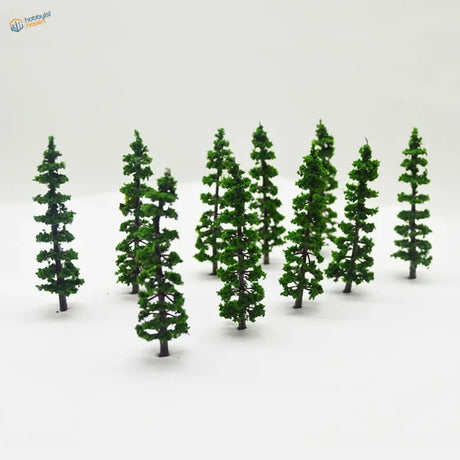 10pcs 85mm miniature pine trees with detailed green foliage and brown trunks