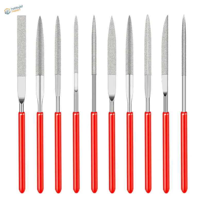 10pcs diamond files set with red handles and varied abrasive blades