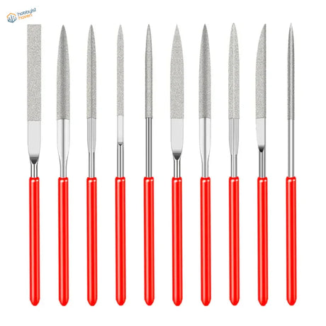 10pcs diamond files set with red handles and varied abrasive blades