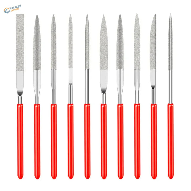 10pcs diamond files set with red handles and varied abrasive blades