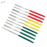 Set of ten diamond-coated mini files with colorful red yellow and green handles for precision scale modeling tasks