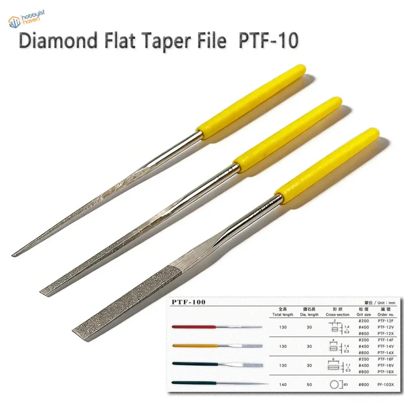 Set of three yellow-handled diamond-coated mini files with metallic textured surfaces for scale modeling use
