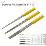 Set of three yellow-handled diamond-coated mini files with metallic textured surfaces for scale modeling use