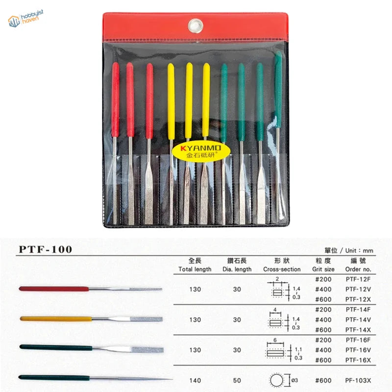 Set of ten diamond-coated mini files with colorful handles in a red and clear plastic package for scale modeling