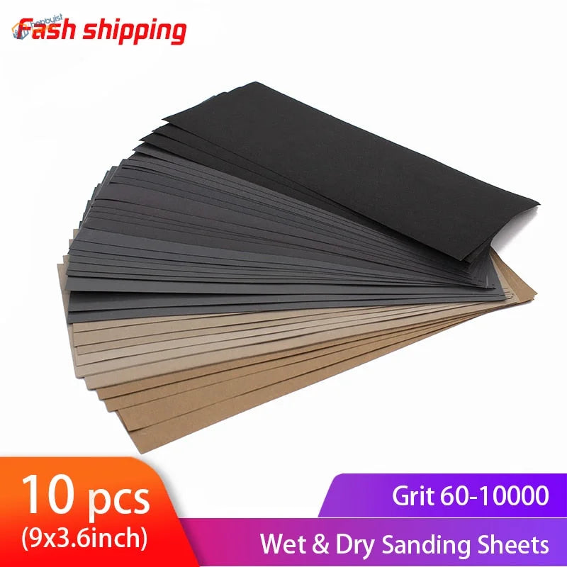 10pcs sandpaper stack: 9x3.6in wet dry sheets 60-10000 grit for scale modeling