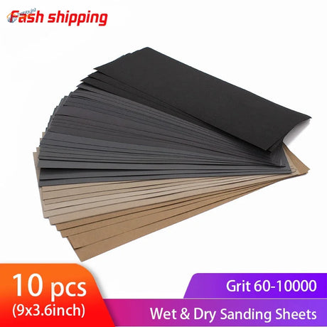 10pcs sandpaper stack: 9x3.6in wet dry sheets 60-10000 grit for scale modeling