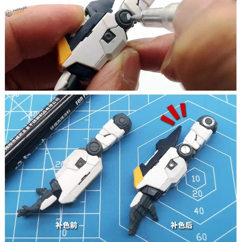 White black Gundam arm parts before after paint correction with acrylic pens set