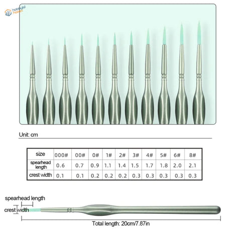11pcs fine synthetic bristle brushes with silver handles and green tips