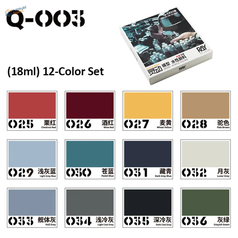 Q-003 18ml 12-color acrylic paints set for scale modeling in white box