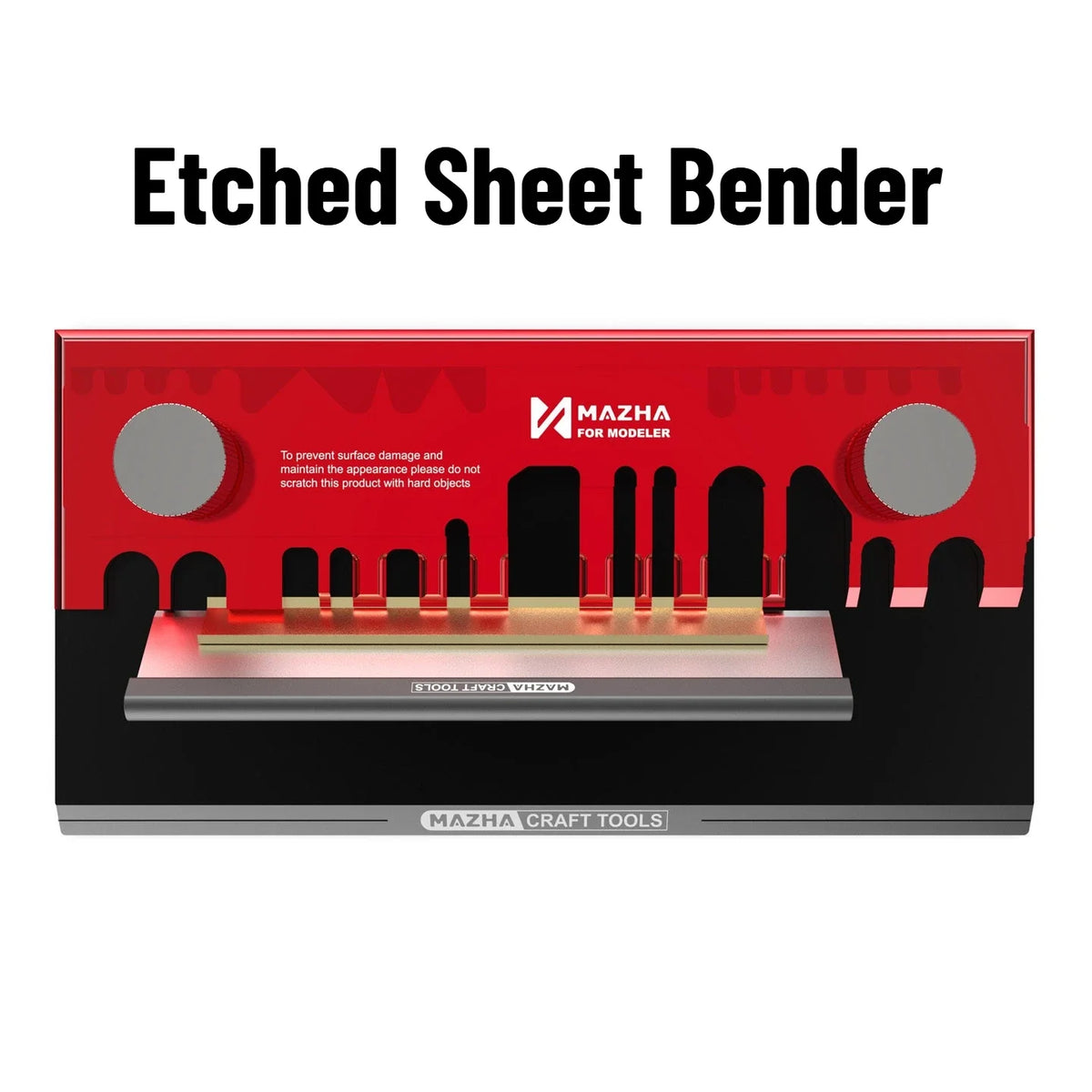Red mazha photo-etch parts bender with silver circular handles and metallic base for precision model building tools