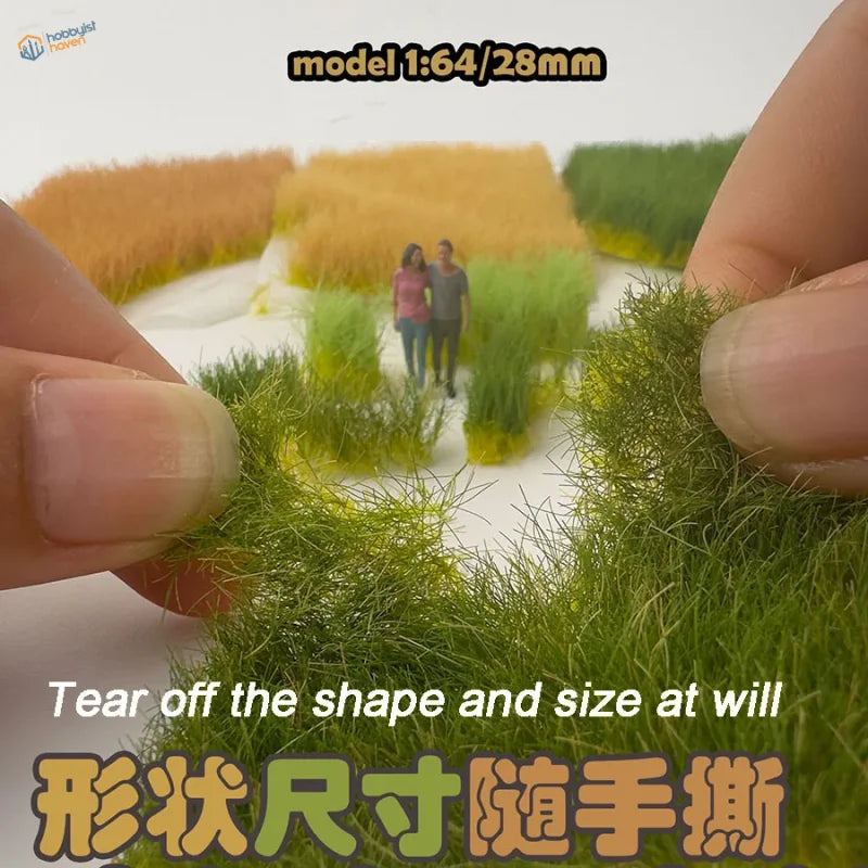 Miniature diorama with 12mm static grass tufts on grassy fields