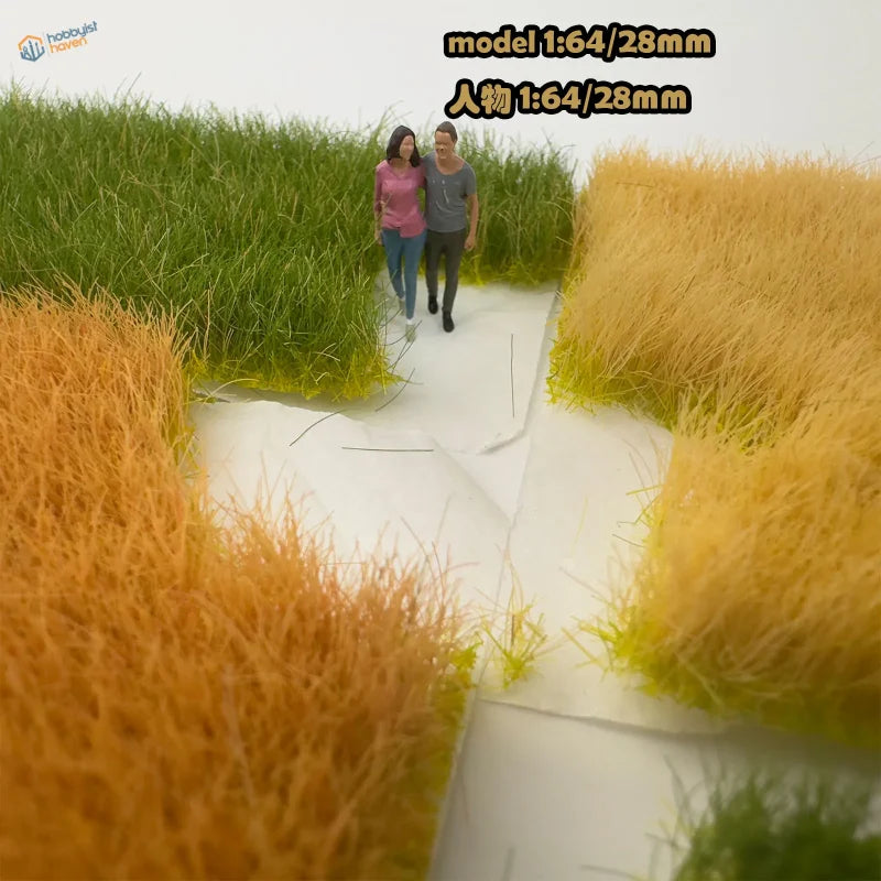 1:64 scale couple figurines walking in field with 12mm static grass tufts