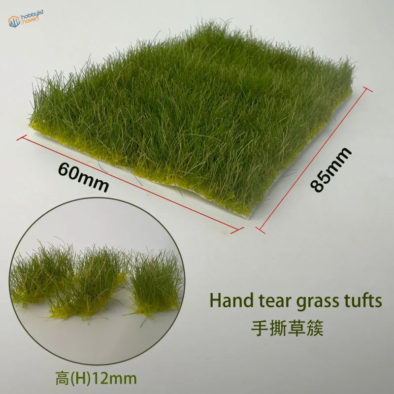 12mm static grass tufts: green hand-teared grass, 60mm by 85mm, 12mm height