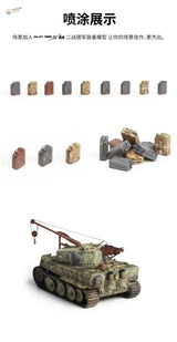Camouflage Tiger tank model with crane amid 12pcs 1/35 German jerry cans