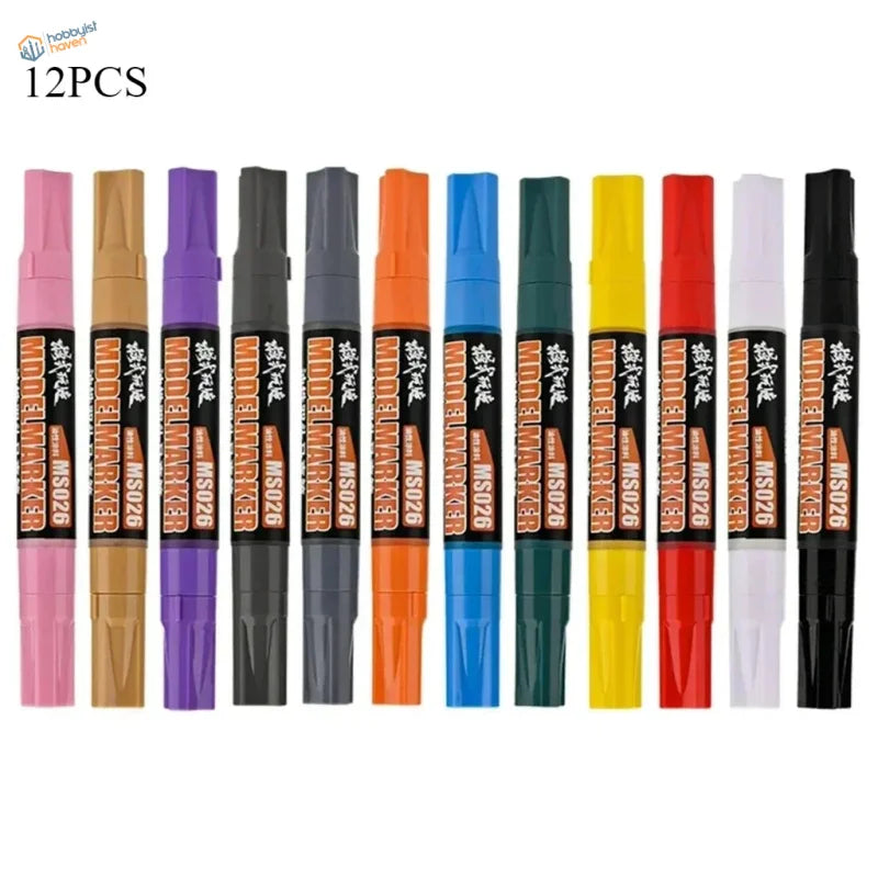 12pcs double-headed oil-based markers in vibrant hues on black barrels