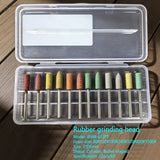 Set of 12 colorful elastic rubber abrasive bits in clear plastic case for precise scale modeling grinding tasks