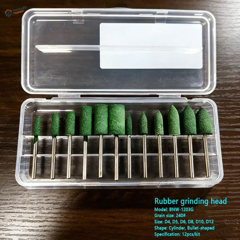 Set of twelve green elastic rubber abrasive bits in a clear case for precision scale modeling use