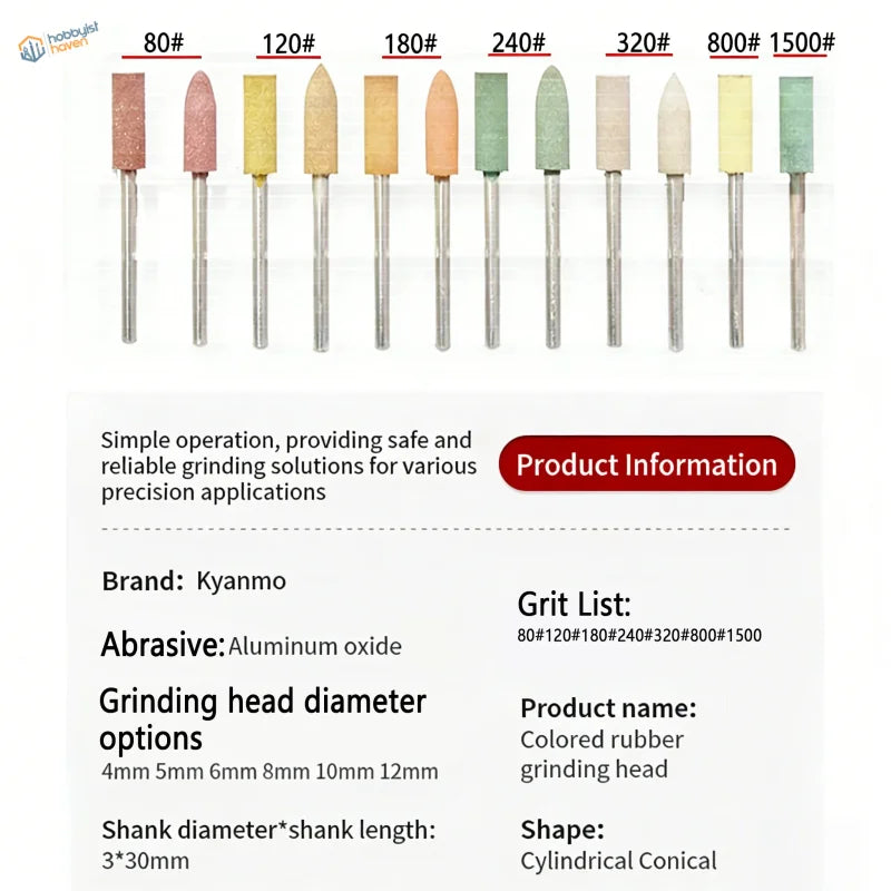 Set of ten colored rubber abrasive bits with varying grits and conical shapes for scale modeling tasks