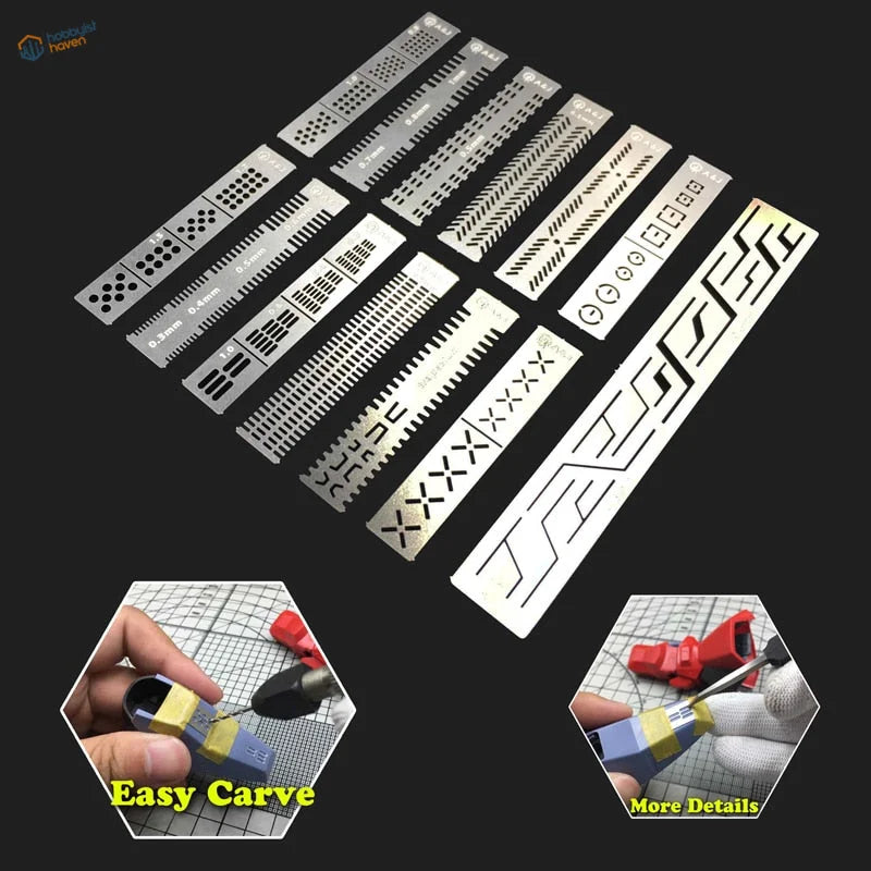 13-in-1 carving template for Gundam models with metallic precision panel line stencils