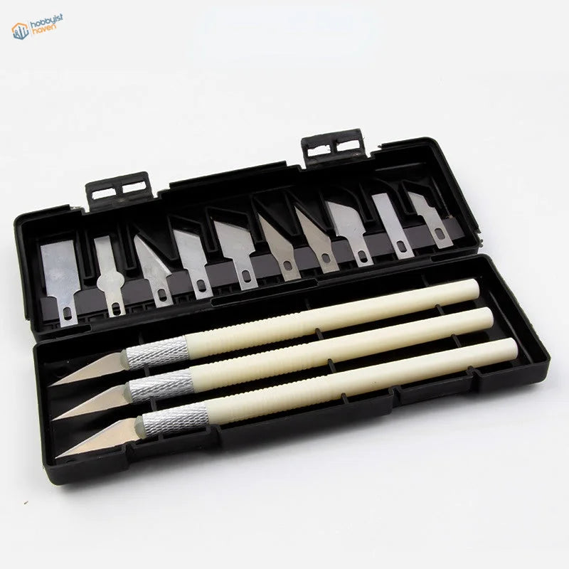 13pcs hobby knives set in black case with cream handles silver blades