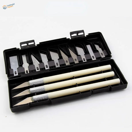 13pcs hobby knives set in black case with cream handles silver blades