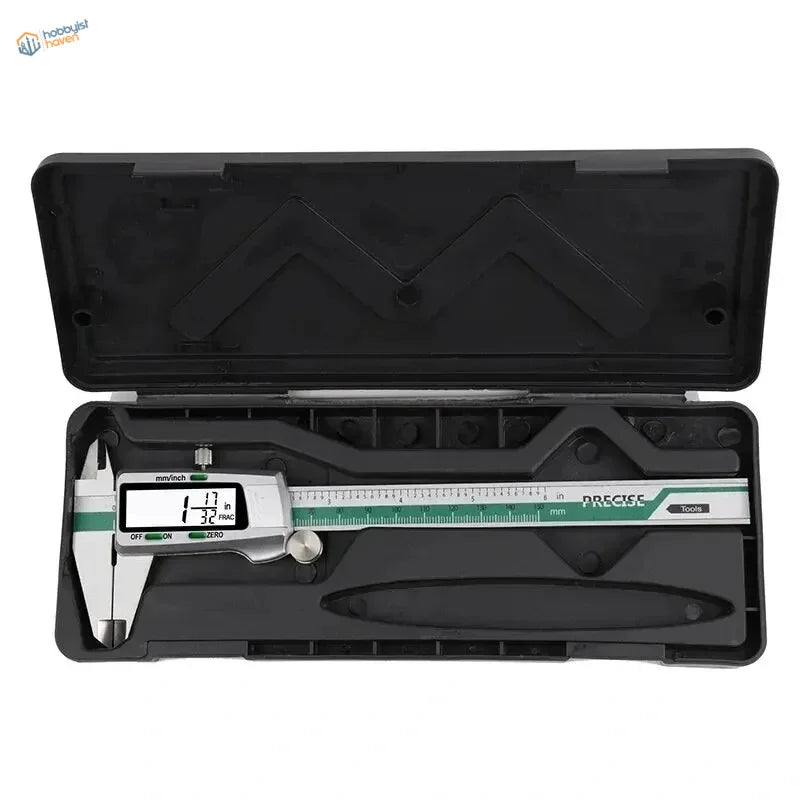 150mm stainless steel digital caliper with green accents in black case