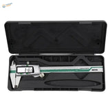 150mm stainless steel digital caliper with green accents in black case