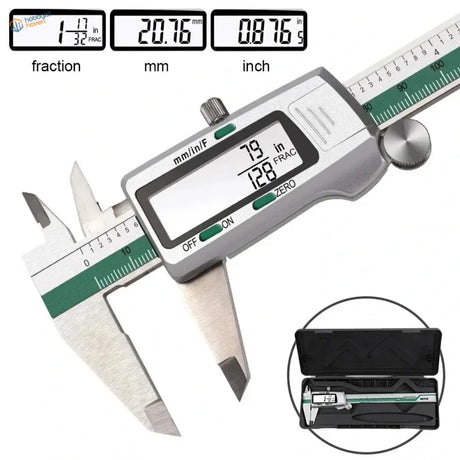 150mm stainless steel digital caliper with silver body, green markings, black display