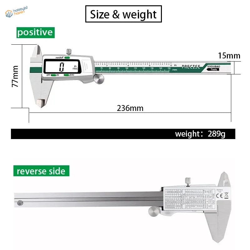 150mm stainless steel digital caliper with green accents, dual LCD display
