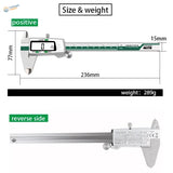 150mm stainless steel digital caliper with green accents, dual LCD display