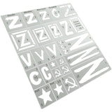 1/35 gray plastic stencil with Russian invasion markings, Cyrillic letters, stars, hammer and sickle