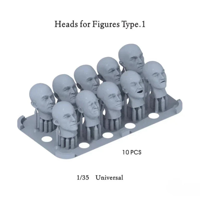 10pcs 3D-printed 1/35 assorted heads for scale modeling in gray plastic tray